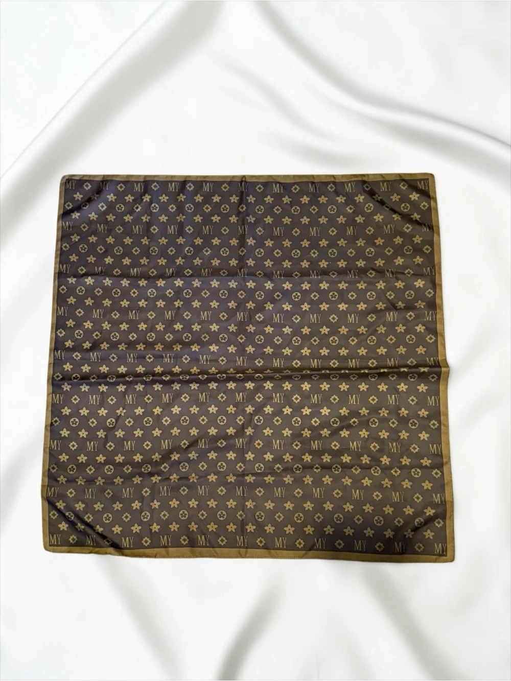 Silky Brown & Gold Monogram Floral Medalion Motifs Square Vintage Scarf